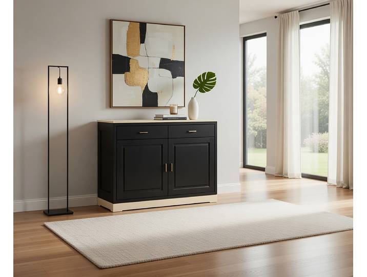 Commode lisse 111 x 87 x 46cm Noir/Noir/Pin crème