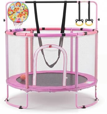 "Costway 55"" Trampoline for Kids with Adjustable Gymnastics Bar and Basketball Hoop for 3+-Purple"