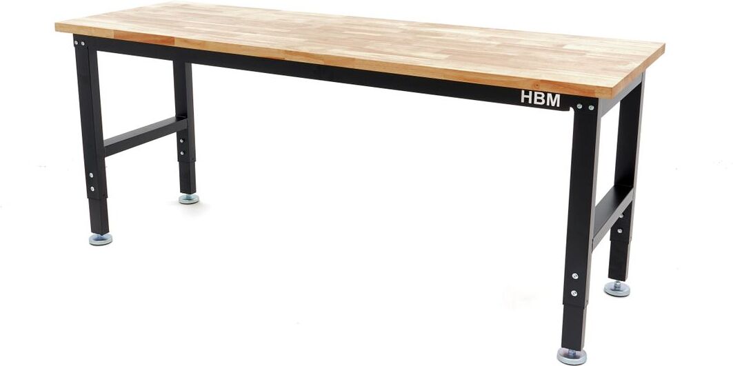 HBM établi réglable en hauteur 182 cm, plan de travail en bois massif, noir
