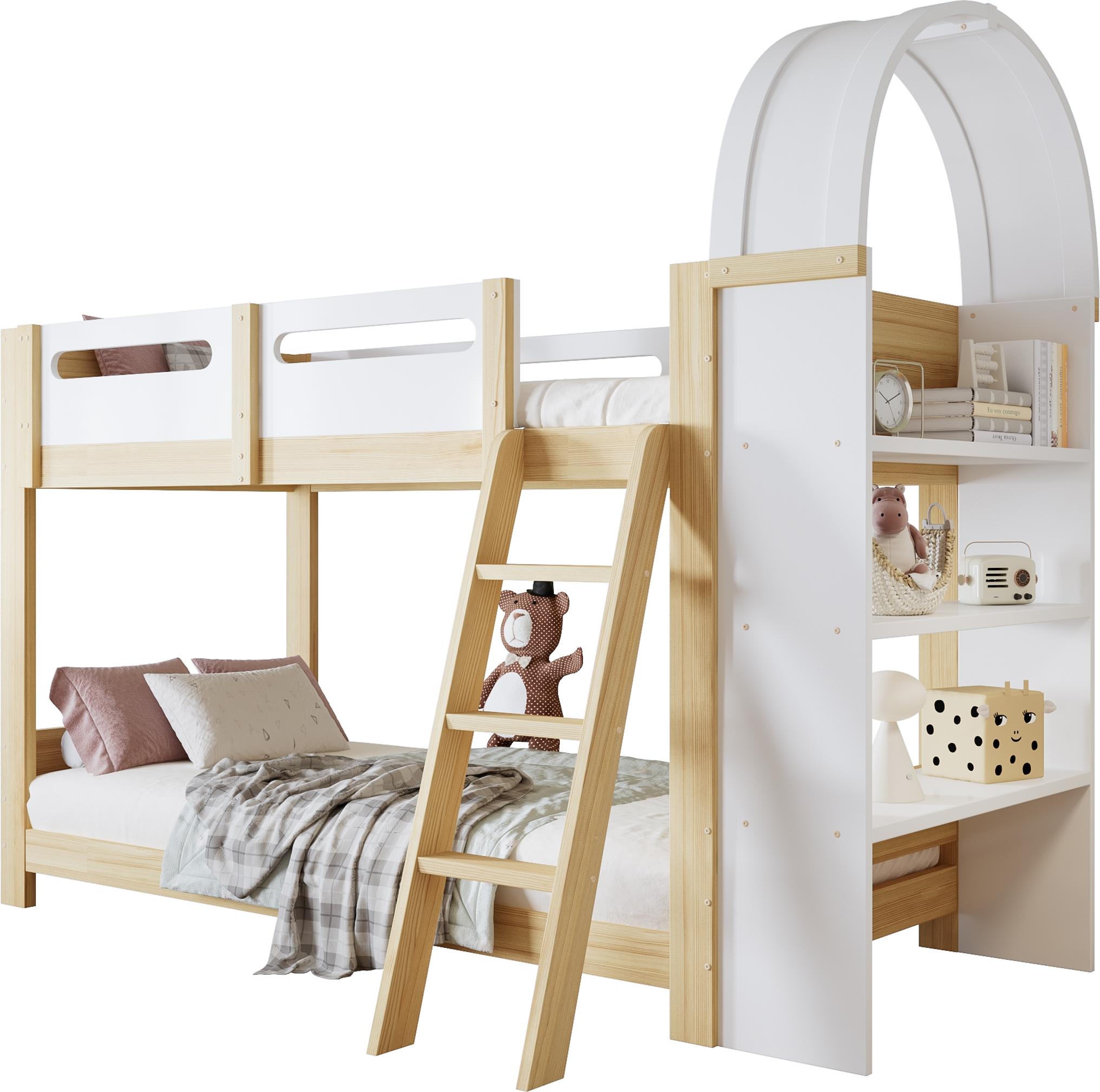 Etagenbett, Kinderbett, Mit dreistufiges Regal, Sicheres Bettgitter, Dreistufige Trittleiter, Stabile Lattenroste, Kiefer + MDF + Sperrholz