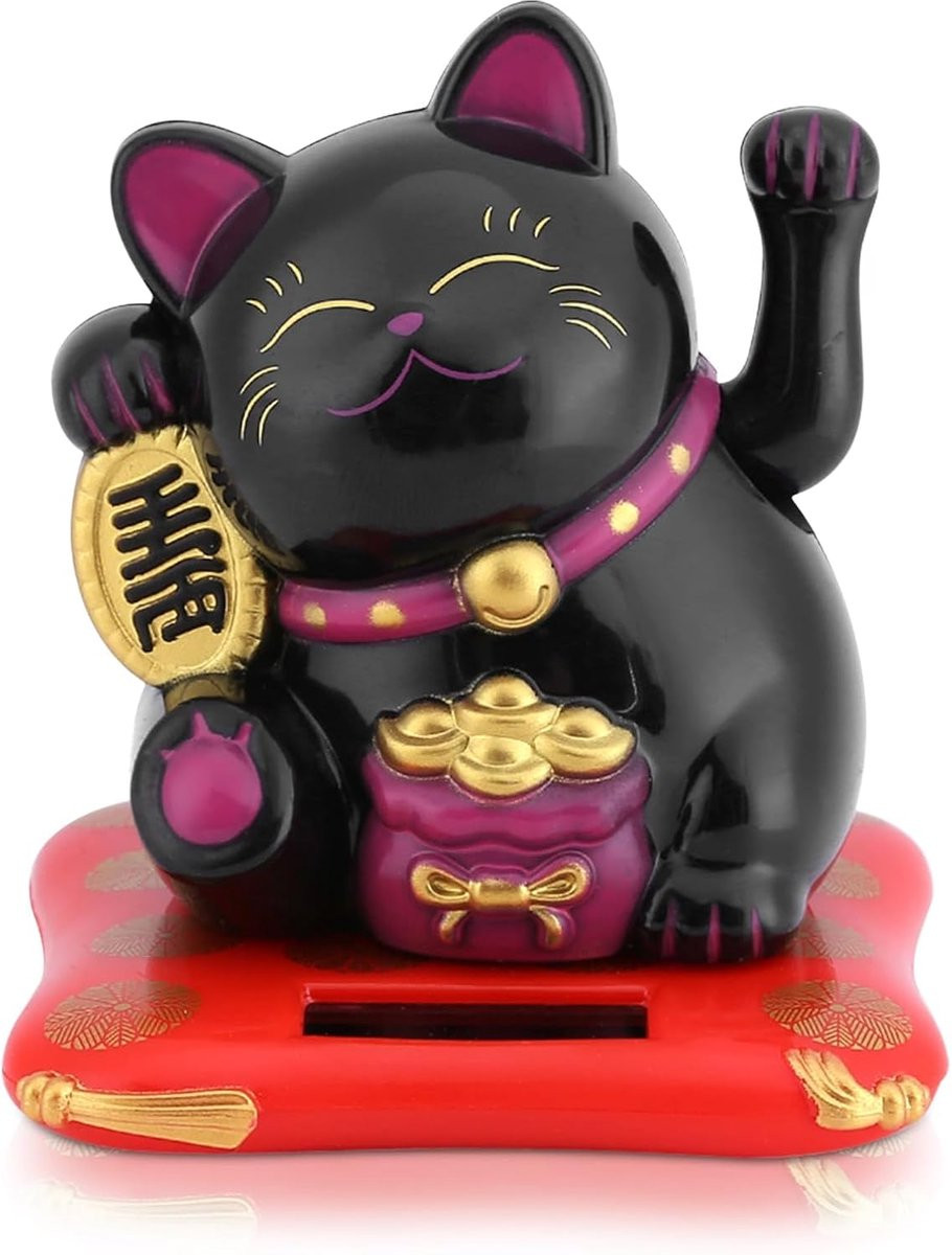 Solar Gelukskat Wapperende Lucky Cat Decoratie Beeldje Zwart