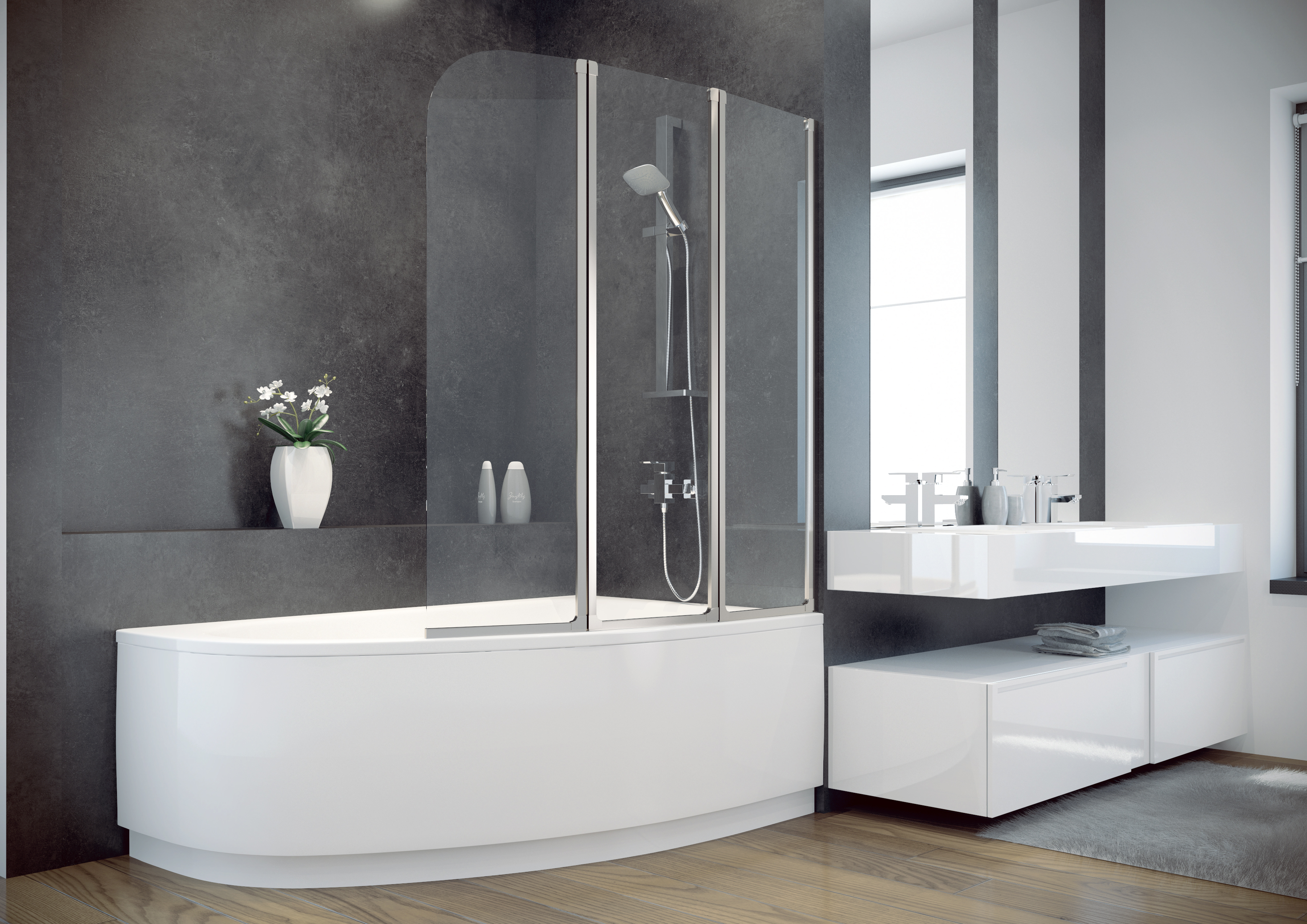 ECOLAM Badewanne Eckbadewanne Duschbadewanne CO-Besco weiß 150x100 RECHTS Schürze + Glasabtrennung Glas Ablaufgarnitur Füße Silikon