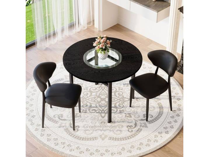 Ensemble Table Ronde Moderne Et Minimaliste : Table Ronde Noire (DiamèTre De 100 Cm) Avec 2 Chaises Noires En Pu