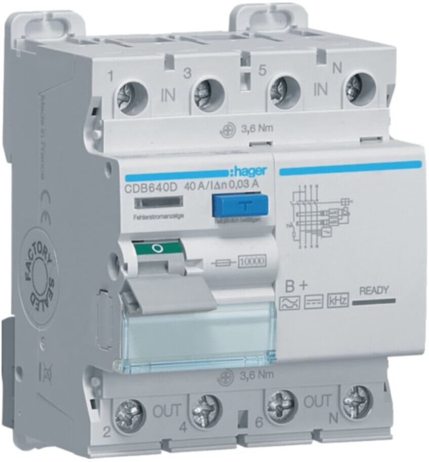 Hager FI-Schutzschalter 4P 40A 30mA B CDB640D)