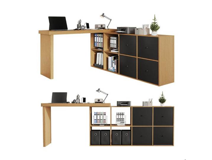 ELVORIN bureau informatique pivotant 360 bureau d angle avec rangement MDF 120 x 48 x 78 cm et 140 x 35 x 74 cm