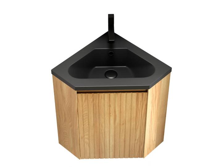 Modfu Waschtischunterschrank 54.5x38.5x52.4cm Schwarz/Naturholz mit Harzbecken, Naturfarben, Kunststoff, 38.5x52.4x54.5 cm, Badezimmer, Badmöbel, Waschbeckenunterschränke