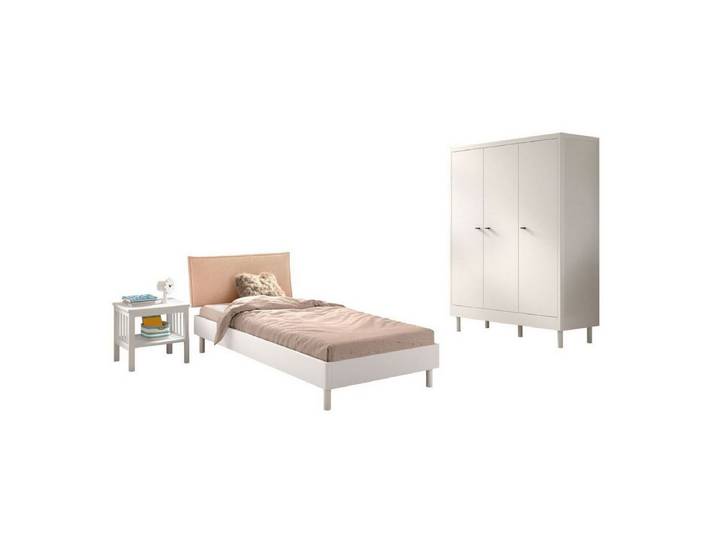 58 aufm Kessel Jugendzimmer-Set Einzelbett Set 90x200 Keeley Buche Bett Weiß Massivholz Schrank, (inkl. Versand, Lieferung bis Verwendungsstelle), Komplettes Schlafzimmer-Set mit Polsterbett und großem Kleiderschrank