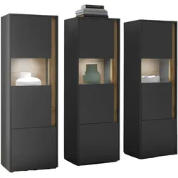 VITRINEN-SET 3-teilig grau matt, Wotan Eiche, Wohnkombination 3 x Vitrine, 190 x 155 cm