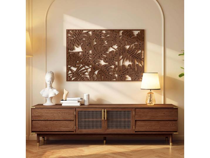HOMCOM Décoration Murale Bois 3D Feuilles Tropicales 3 Pièces