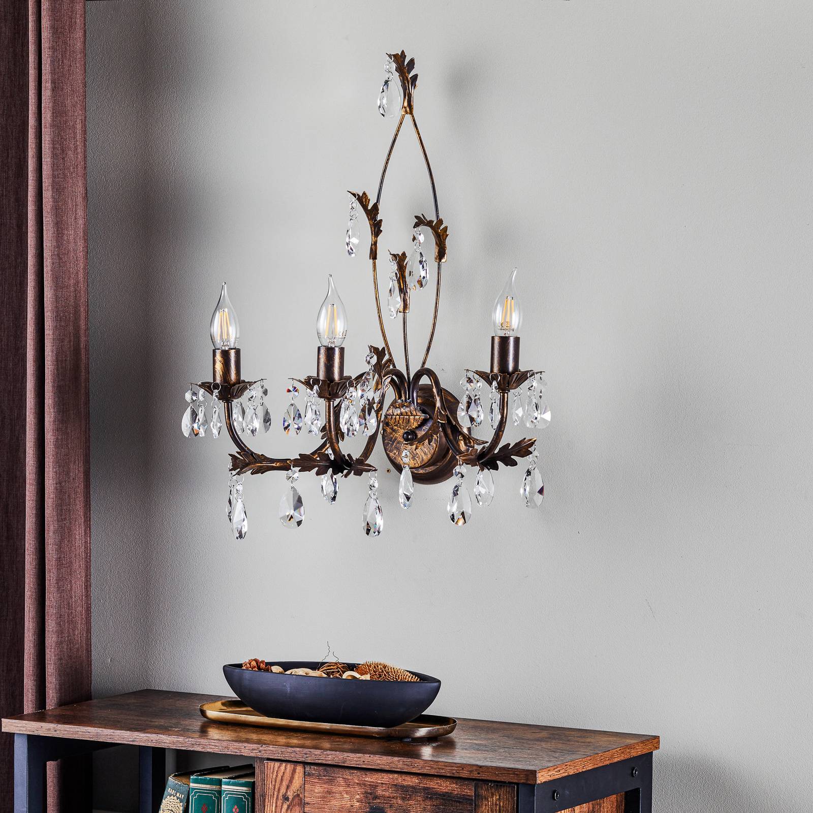Kristall Wandlampe Teresa ONLI, dimmbar, bronze / altmessing, für Wohn- / Esszimmer, Metall, Antik, Wandleuchte, Wandlampe Innen
