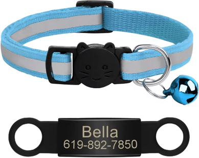 Inspire Picks Personalized Reflective Cat Collar With Engraved ID Nameplate & Bell lblue 341