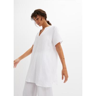 Longtunika BONPRIX, Damen, Gr. 46, weiß, Obermaterial: 100% Baumwolle, regular fit, Tuniken Longtunika, für entspannten Look, Regular Fit, Kurzarm-Design