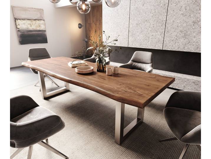 Esstisch Edge 260x100 XL Akazie Braun Edelstahl Breit Live-Edge, Esstische, Baumkantenmöbel, Massivholzmöbel, Massivholz