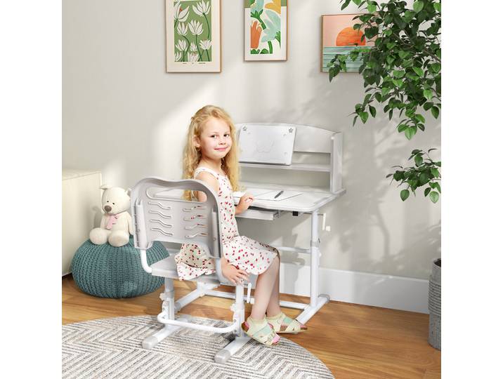 ZONEKIZ Bureau Enfant Réglable Gris Blanc Multi-Rangement