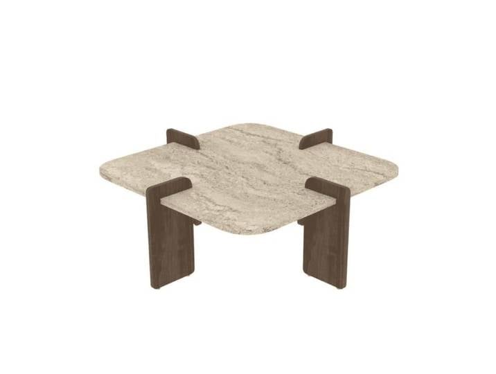CALICOSY - Table basse carrée aux bords arrondis L90 cm LUMA - Travertin/ Noyer