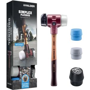 HALDER Schonhammer SIMPLEX-Plusbox Starterkit, Kopf-Ø 60mm Set, 2x TPE-, Gummi- & Superplastikeinsatz, Holzstiel & Standfuß