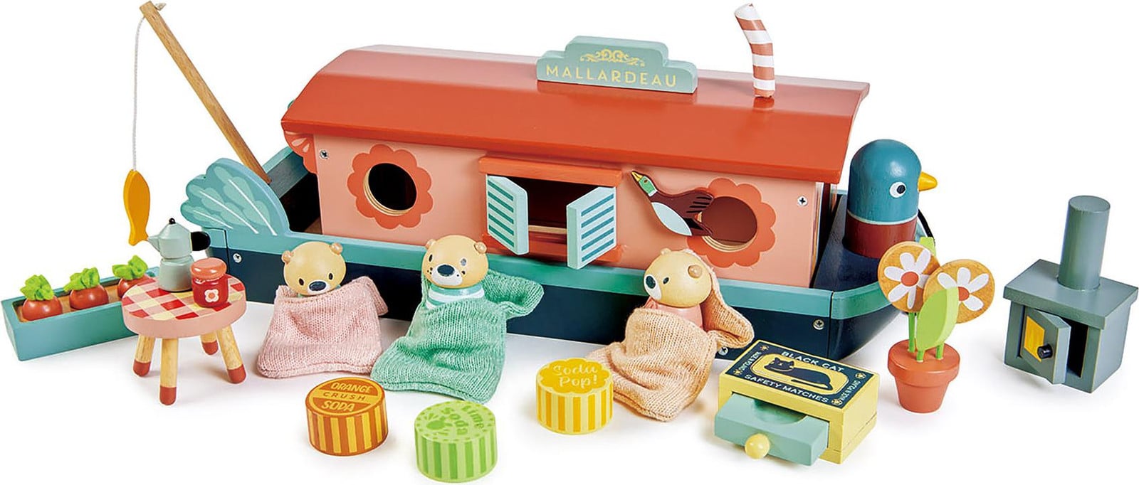 Tender Leaf Toys houten kanaalboot speelgoed met accessoires en otterfamilie