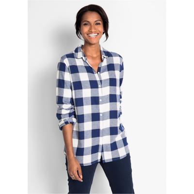 Flanellhemd BONPRIX "Flanellhemd", Damen, Gr. 48, N-Gr, blau (mitternachtsblau kariert), Flanell, Obermaterial: 100% Baumwolle, kariert, figurbetont normal, Manschette, Hemden, figurbetonte Passform, aus Baumwolle, klassisches Karo Muster