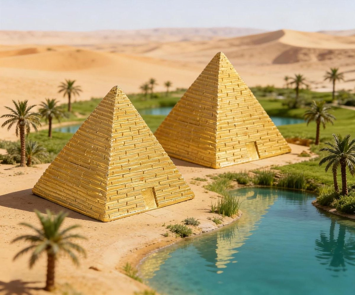 Gouden Piramide Beeldje van Hars voor Egyptische Decoratie, Hoogte: 53 cm