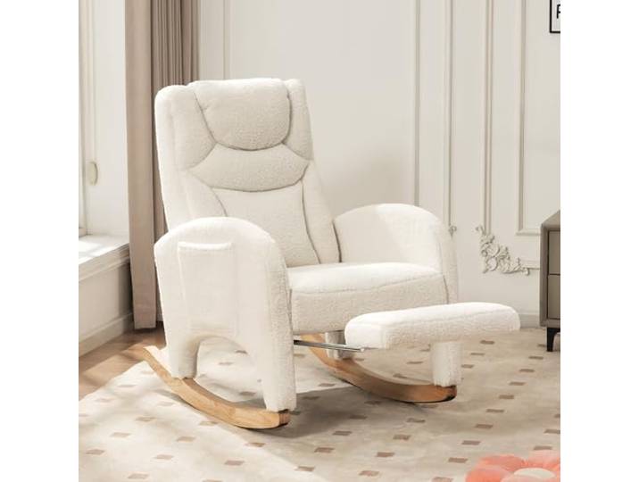 Miawtro Teddy Schaukelstuhl mit Fußhocker, Relaxsessel Weiß Miawtro Teddy Schaukelstuhl mit Fußhocker, weichem Teddy-Stoff, gepolsterter Rückenlehne und Holzrahmen für Wohnzimmer