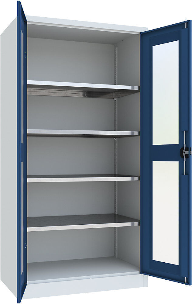 Flügeltürschrank mit Sichtfenster, 4 Fachböden, Höhe 1950 mm, HxBxT 1950 x 1000 x 600 mm, Tür enzianblau Pavoy