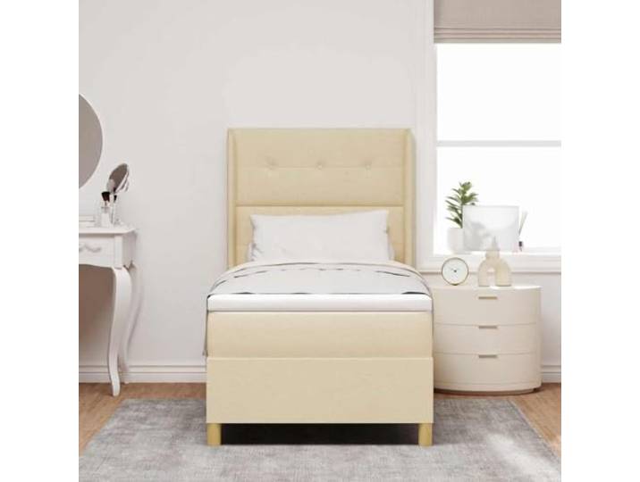 KTHLBRH Boxspringbett Creme 100 x 200 cm mit verstellbarem Kopfteil Goldene Beine, Holzrahmen, mittlere Matratze, 2 Höhen, stabile Unterstützung