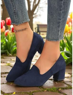 LightInthebox Women's Blue Block Heel Shoes– Elegant Faux Suede Pumps for Semi-Formal Gatherings, Cottage Garden Parties and Church Sundays