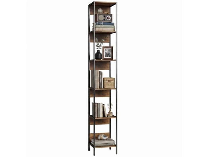 Bibliothèque Étroite 6 Niveaux Étagère Colonne Industrielle Rangement Marron et Noir 29.5x30x185 cm
