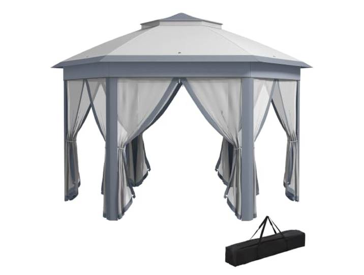 Outsunny Gartenpavillon Faltpavillon 4 x 4 m Doppeldach sechseckig Grau