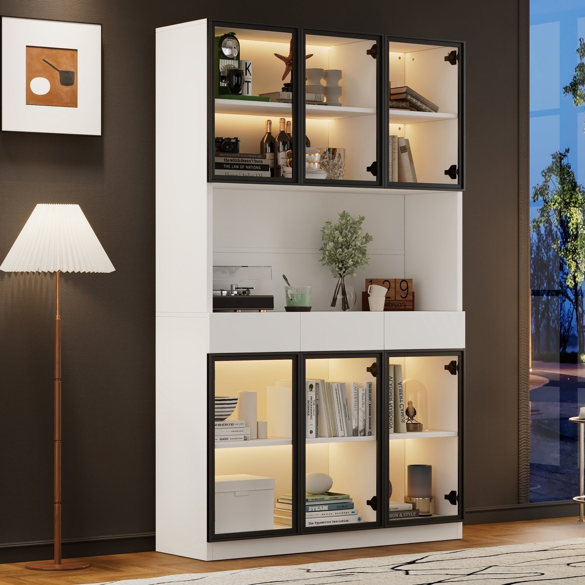 MODFU Vitrinekast met LED-verlichting en 3 lades - Wit - Glas en MDF