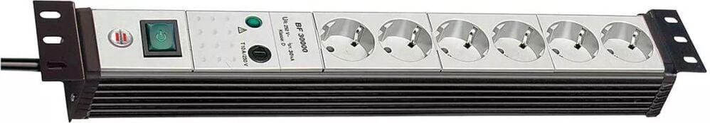Brennenstuhl Line 30.000A overspanningsbeveiligde stekkerdoos, 6-voudig, zwart/lichtgrijs, 3 meter, 19 inch