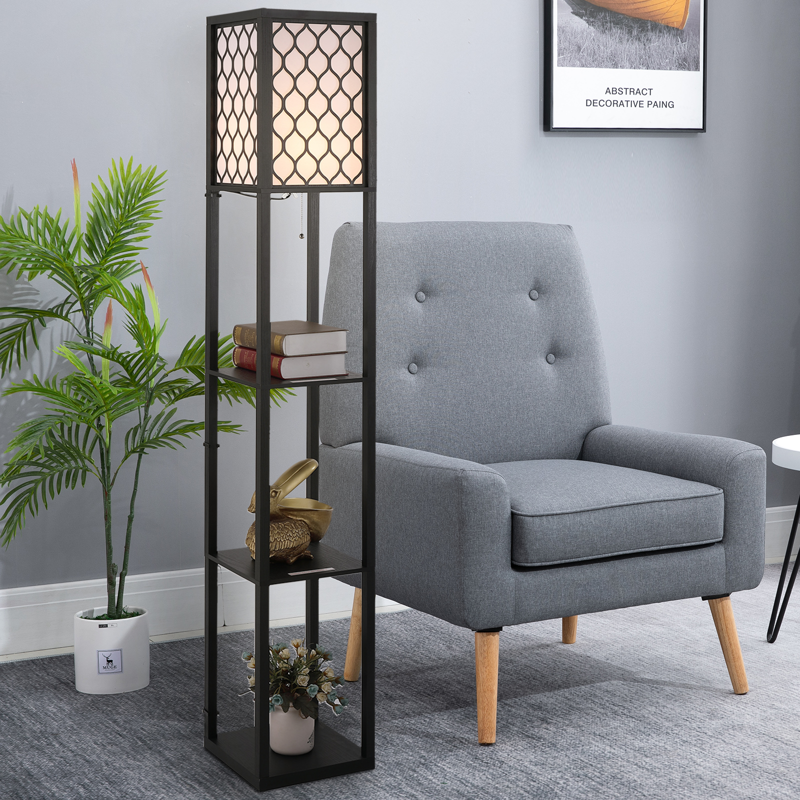 Homcom Lampada Lampadina da Terra Salvaspazio con Ripiani Durevole Cotone, MDF 26 x 26 x 160 cm Nero, bianco