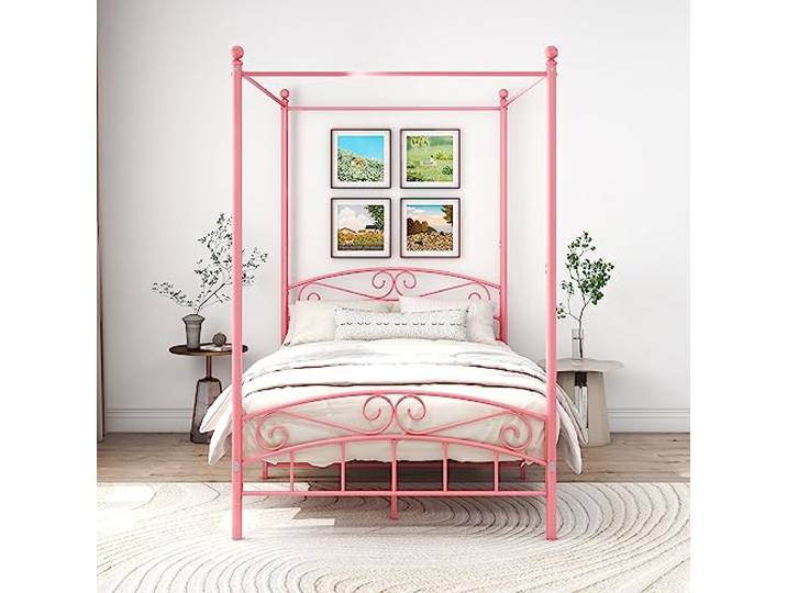 ARFARLY Himmelbett Bettgestell Doppelbett Metallbett Bettrahmen Lattenrost Schlafzimmerbett Schlafzimmermöbel Ehebett Rosa 120x200cm