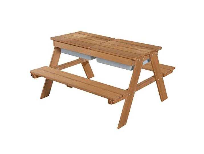 roba Kinder Outdoor+ Sitzgruppe mit 2 Spielwannen – Kindersitzgruppe aus Massivholz & Matschtisch für Sand und Wasser – Teak-Optik