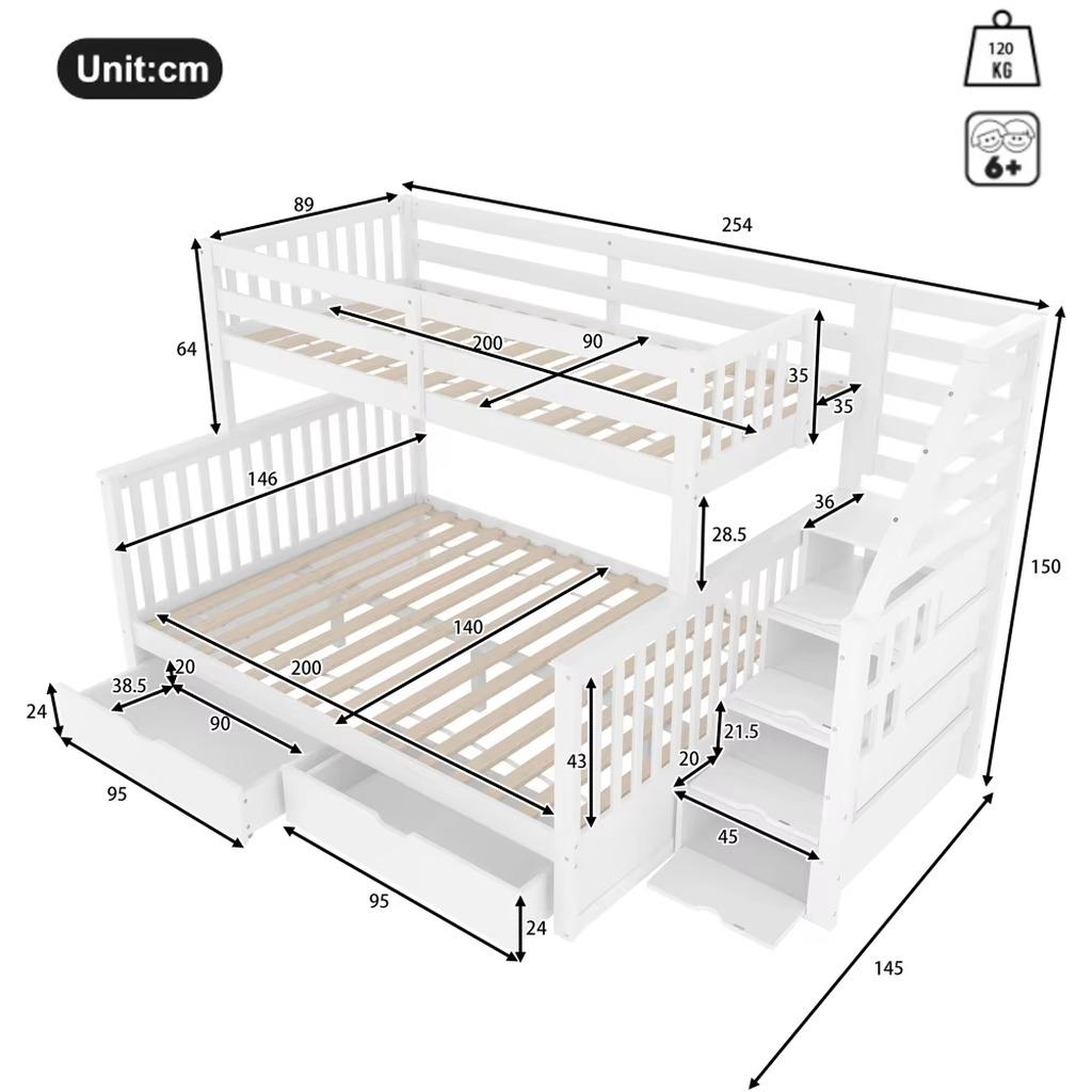 Etagenbett - Multifunktionales Kinderbett - 90 × 200/140 × 200 cm - Kiefernholz - Schubladen - Stauraum - Rutsche - Weiß