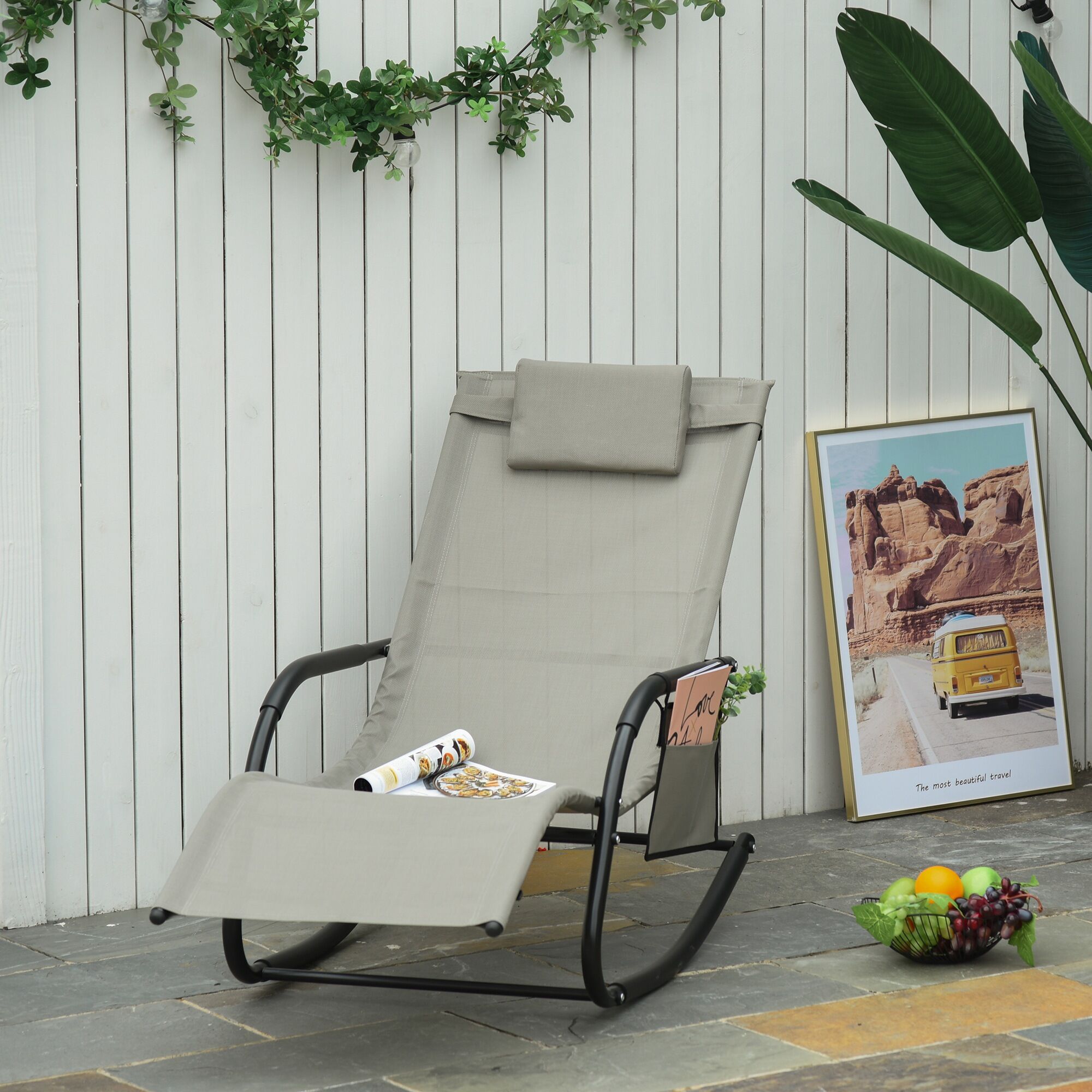 Altro Poltrona A Dondolo Da Giardino Con Poggiatesta E Tasca Laterale, 150x62x88 Cm, Nero E Grigio