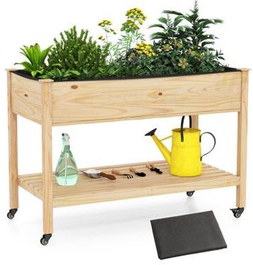 Costway Wood Elevated Planter Bed with Lockable Wheels Shelf and Liner