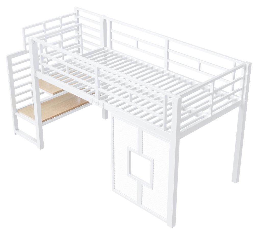 Kinder-Hochbett - Etagenbett mit Treppe - Stauraum - LED-Beleuchtung - Fenster - Metall/MDF - 90 x 200 cm - Weiß