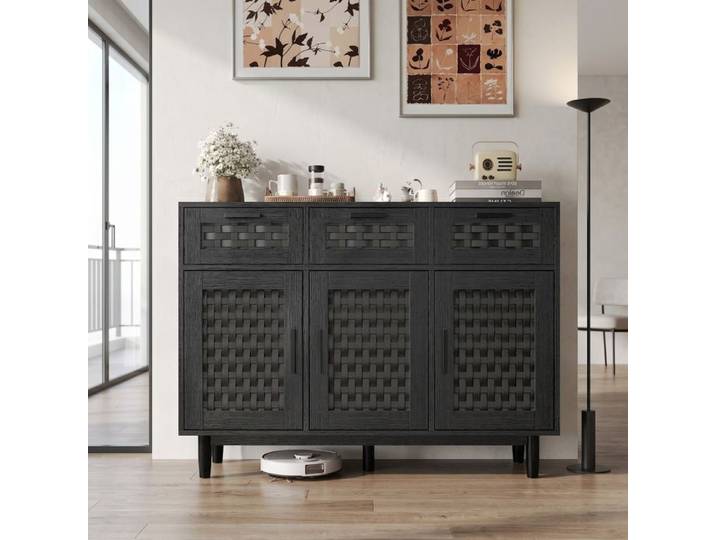 Buffet Salle a Manger Bois Armoire avec 3 Portes+3 Tiroirs Buffet rangement pour cuisine Buffet en rotin pour Salle à Manger Salon
