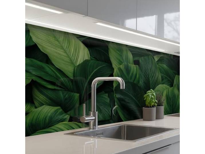 KitchenYeah© Spritzschutz Küchenrückwand Küche Abwaschbar Selbstklebend 80x250 cm - Küchenwand Küchenfront Küchen Rückenwand Wandschutz Natur - Tropisch - Blätter - Grün