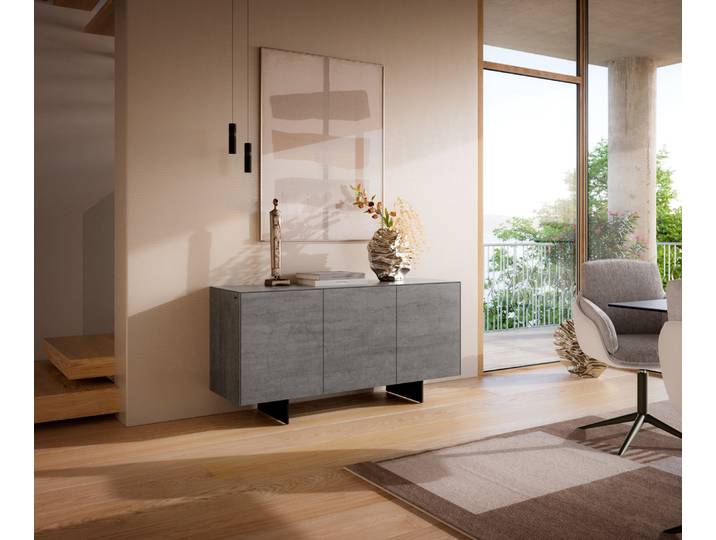 Sideboard Cuor 150 cm Keramik Beton Grau 3 Türen Fuß Schwebeoptik Metall Schwarz, Sideboards