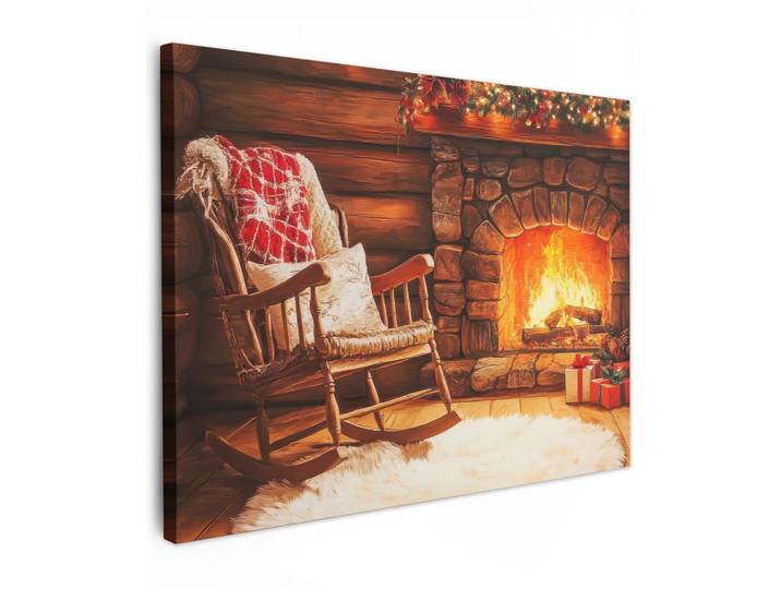 MuchoWow Leinwandbild - Winter - Weihnachten - Zuhause - Kamin - 80x60 - Malerei, Bernsteinfarben, Textil, Kiefer, Abstrakt, Rechteckig, 80x60 cm, gerahmt, Bilder & Rahmen, Bilder, Wandbilder