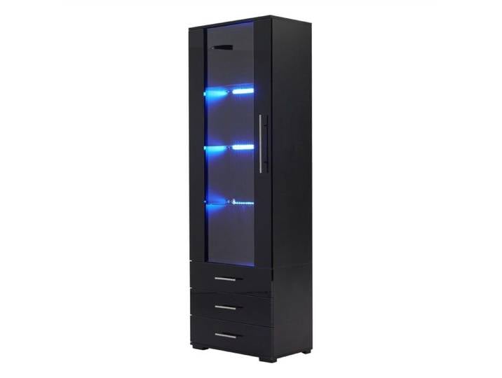Vitrine Noire Laquée 60x35x180cm - Verre Éclairage LED - 3 Tiroirs Verticale - Rangement Idéal Salon Argentier Autoportante