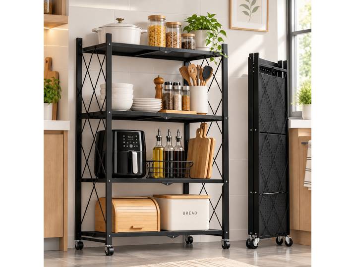 Étagère pliante à 4 niveaux avec roulettes, structure métallique robuste, étagère de rangement pliable pour la cuisine, le salon et le bureau, permettant de gagner de l’espace.