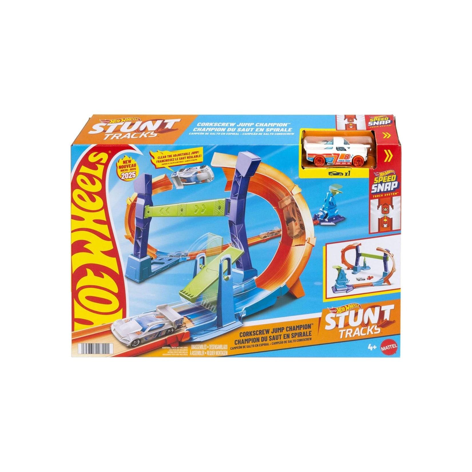 Mattel JFH36 - Hot Wheels - Spiral-Sprung Trackset mit Korkenzieher-Looping, anpassbarer Stunt-Sprung & 1:64 Fahrzeug