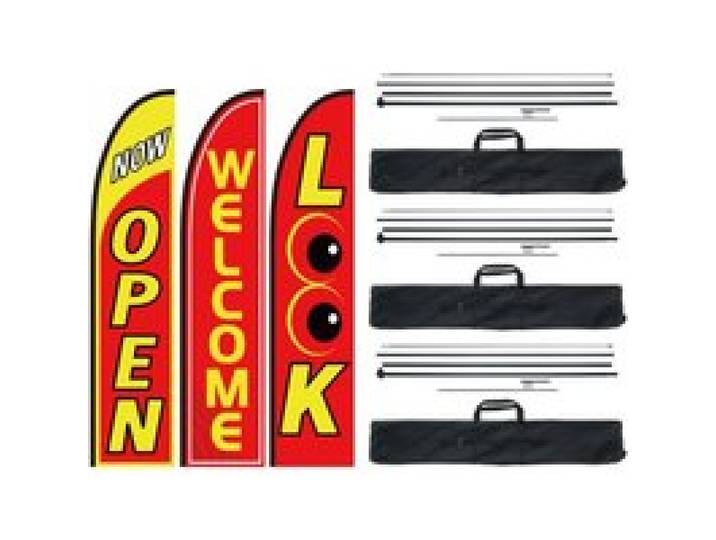 VEVOR Open Flags met mastset, buitenreclamevlaggen voor bedrijven, promotionele set met verenvlaggen, 3 vlaggen (Open, Kijk, Welkom), 3 masten, 3 grondpennen, Swooper Flags voor bedrijven 5 m
