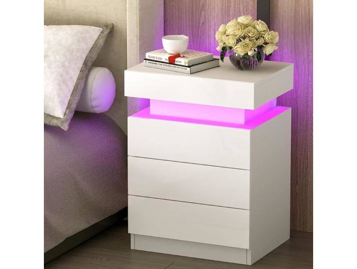 Table de nuit LED - VIVOLILV - Table de Chevet Blanche 3 Tiroirs - Moderne