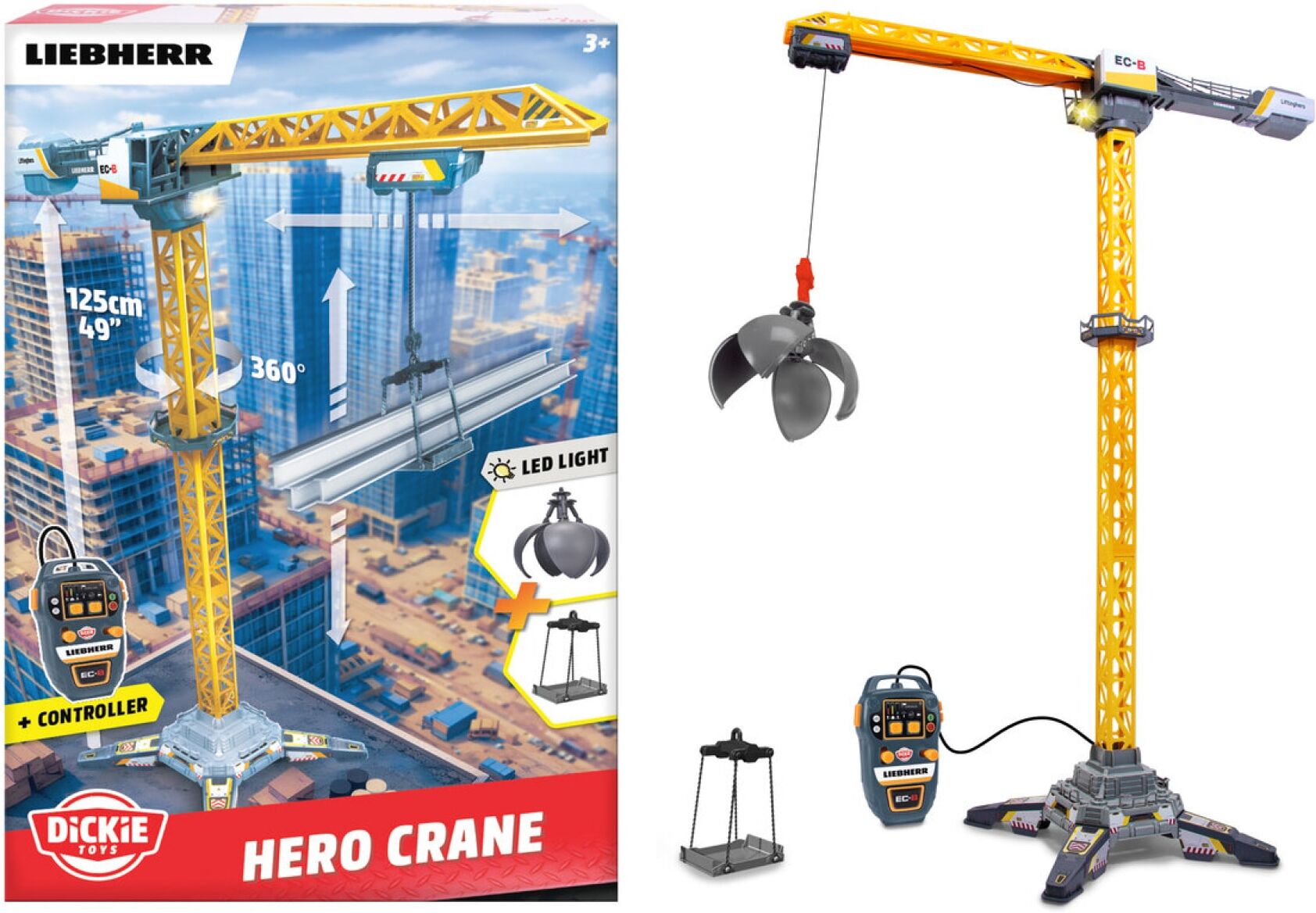 RC-Kran DICKIE TOYS "Liebherr Hero Kran", gelb (grau, gelb), Fernlenkfahrzeuge, KinderH:125cm, Kunststoff, RC-Kran, mit Licht, H:125cm