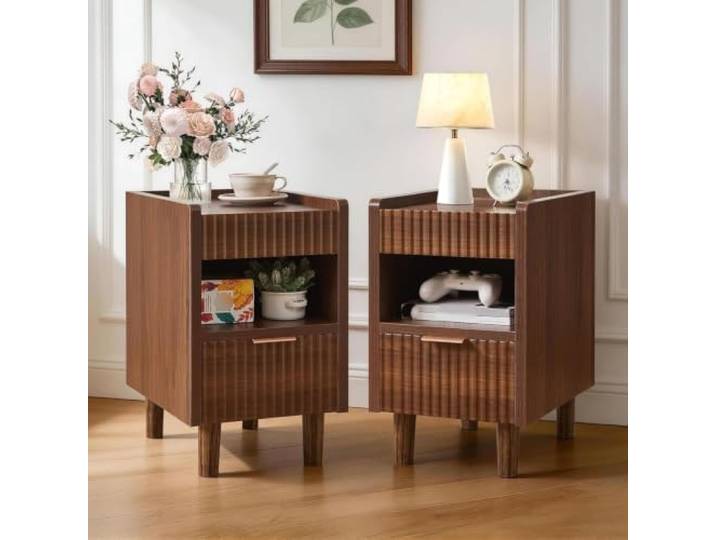 Twwhshf-ou 2er-Pack Nachttische aus Walnussholz mit Schublade und Regal, Tisch im geriffelten Design(Brown)