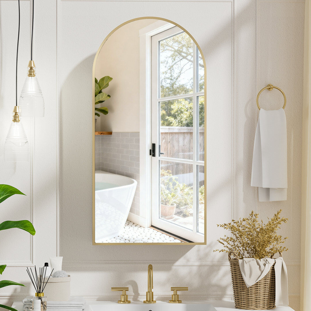 17 Stories Aishwarya Vintage Arched Bathroom Mirror Cabinet 40x80cm, 4 Shelf Gold 80mm H
